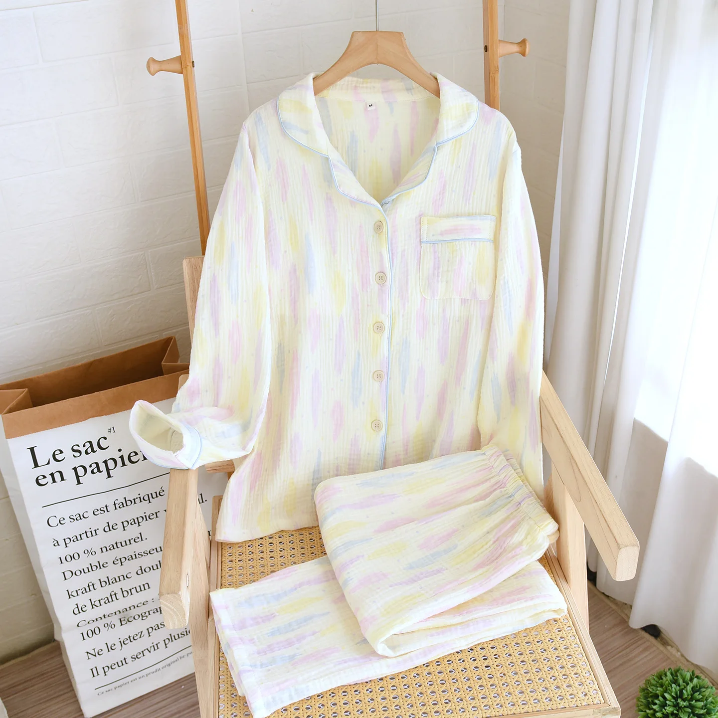 

Lapel Neck Long Sleeve Pajamas For Woman Sleeping Clothes Sleepwear Cotton Gauze New Pijama 2 PCS Soft Loungewear Suit