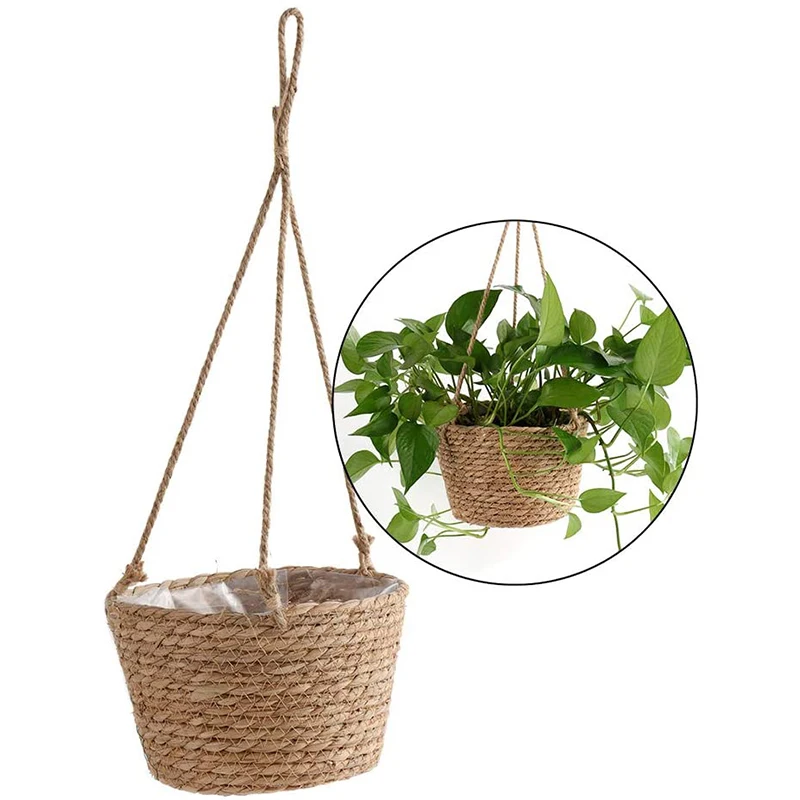 1Pc Straw Rattan Green Radish Chrysanthemum Flower Pot Hanging Wall Hanging Pot Straw Woven Decorative Basket