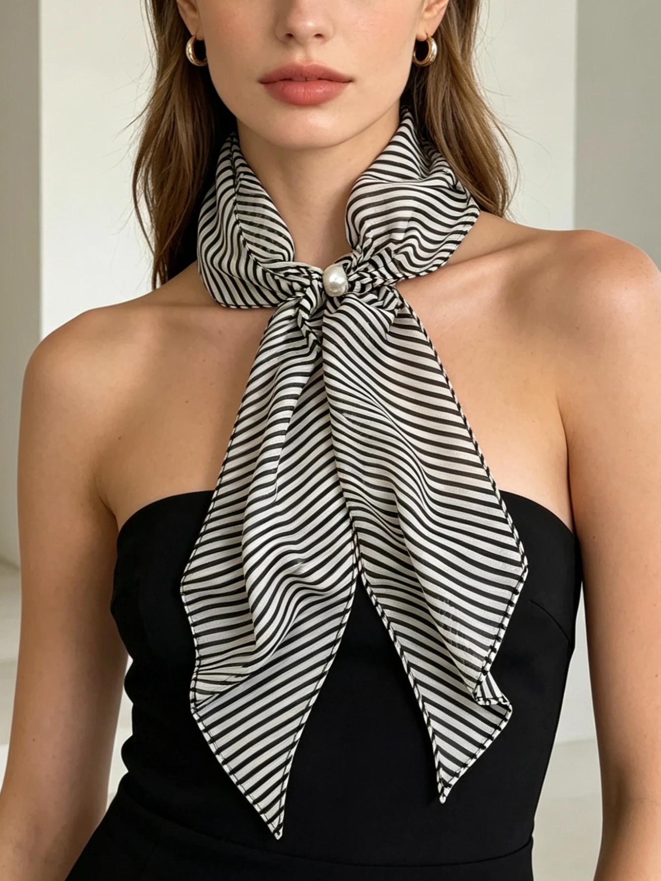 1 piece striped pearl women's decorative neck-tie scarf hair tie, long ribbon with fashionable versatile ribbon waist