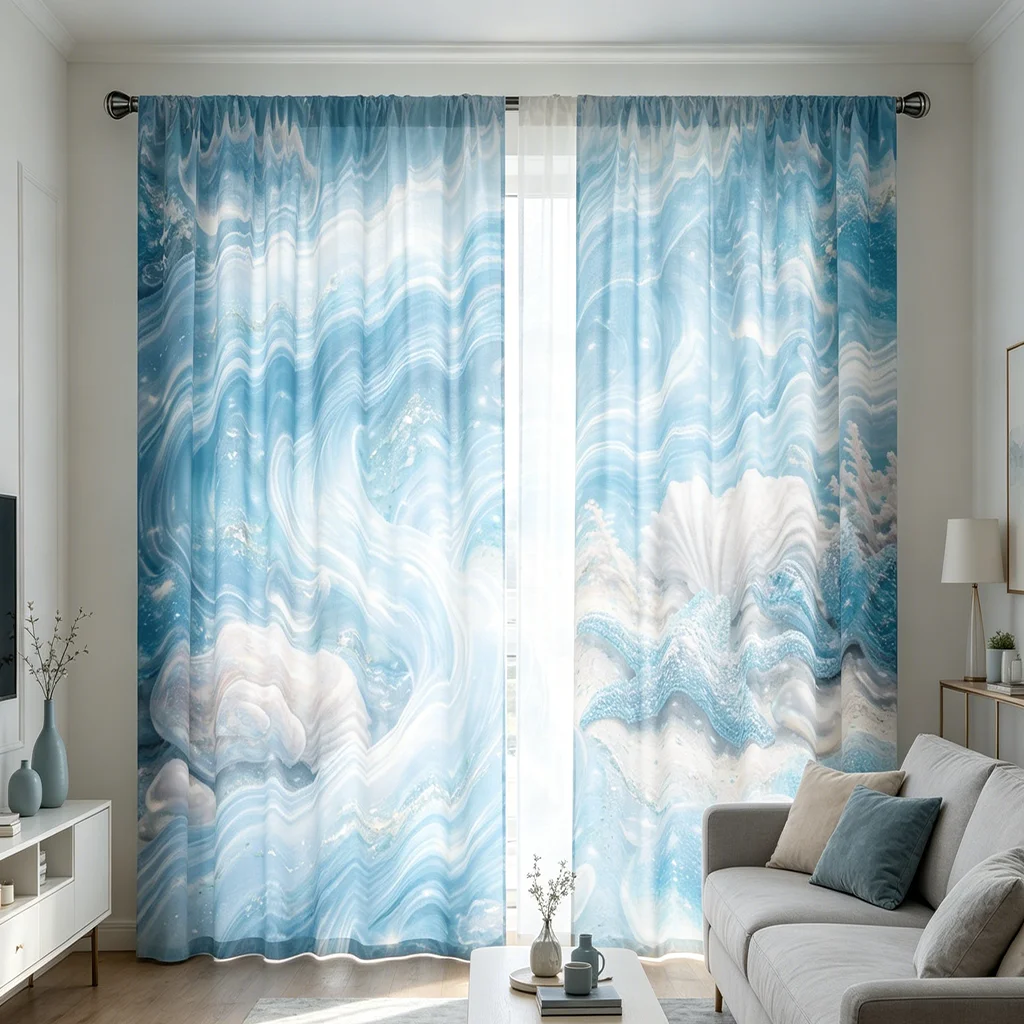 2PCS Blue Flowing Pearl Shell Pattern Printed Curtain with Rod Bag Design, Suitable for Bedroom and Living Room