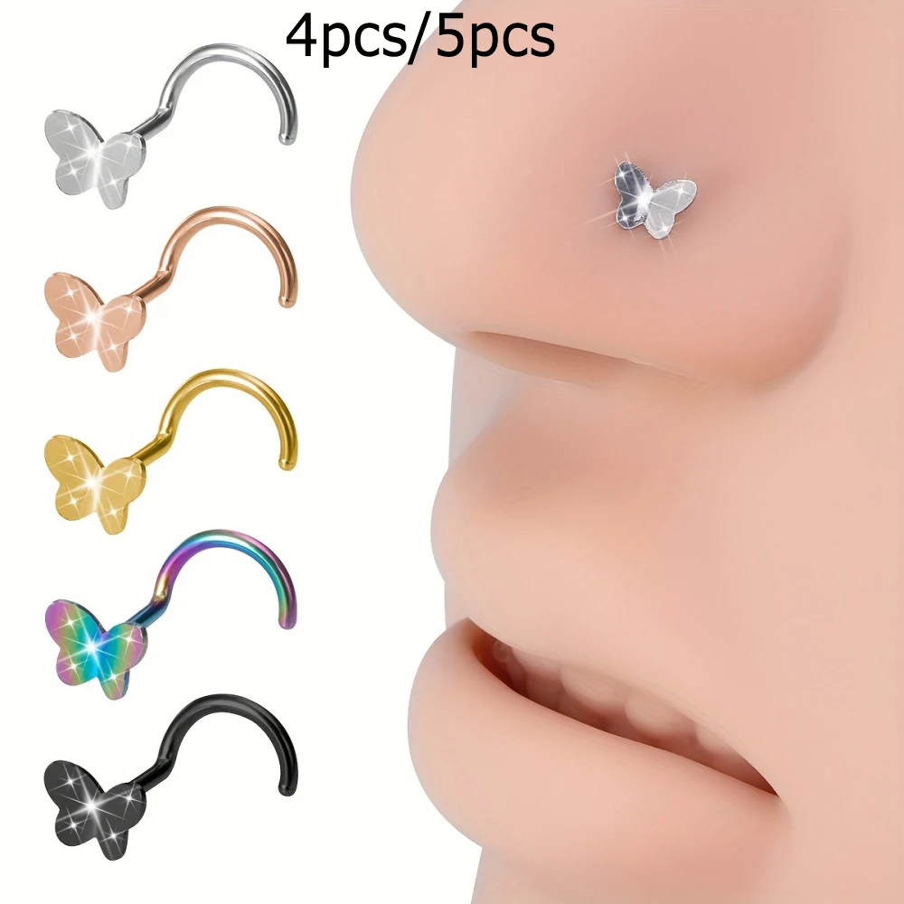 4/5pcs Butterfly Nose Studs Stainless Steel Tiny Stud Earrings 20 Gauge Random Colors Elegant Cute Design for Daily Wear