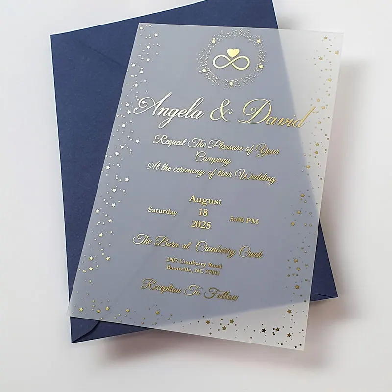 10PcsGold Foil Wedding Invitations Written on Stars Personalized Vellum Paper Invitations with Stars, Hearts and Eternity Symbol