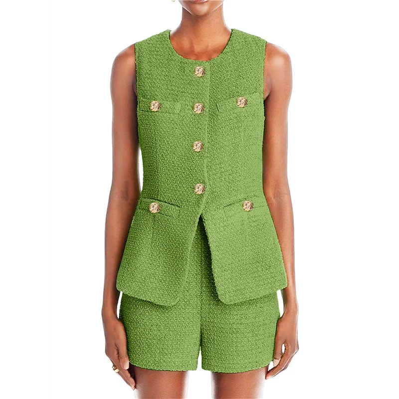 

NEW-Women's Two Piece Casual Suit Set Sleeveless Button Vest Shorts Office Business Suit