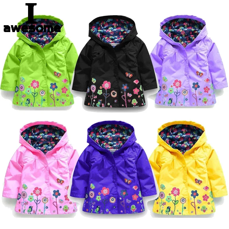 

Flowers Girls Jackets Autumn Waterproof Kids Jacket Windbreaker Coat Hooded Casual Girls Raincoat 2-6 Year Old Children Clothing