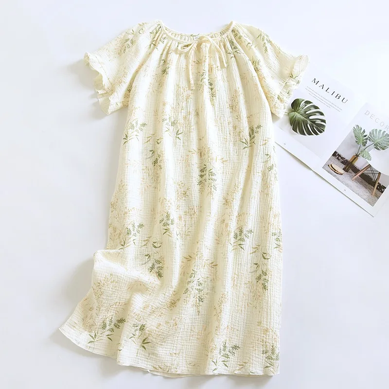 Spring And Summer 2024 New Women\'s Nightdress 100% Cotton Short-sleeved Skirt Round Neck Lovely Flower Leisure Household Skirt