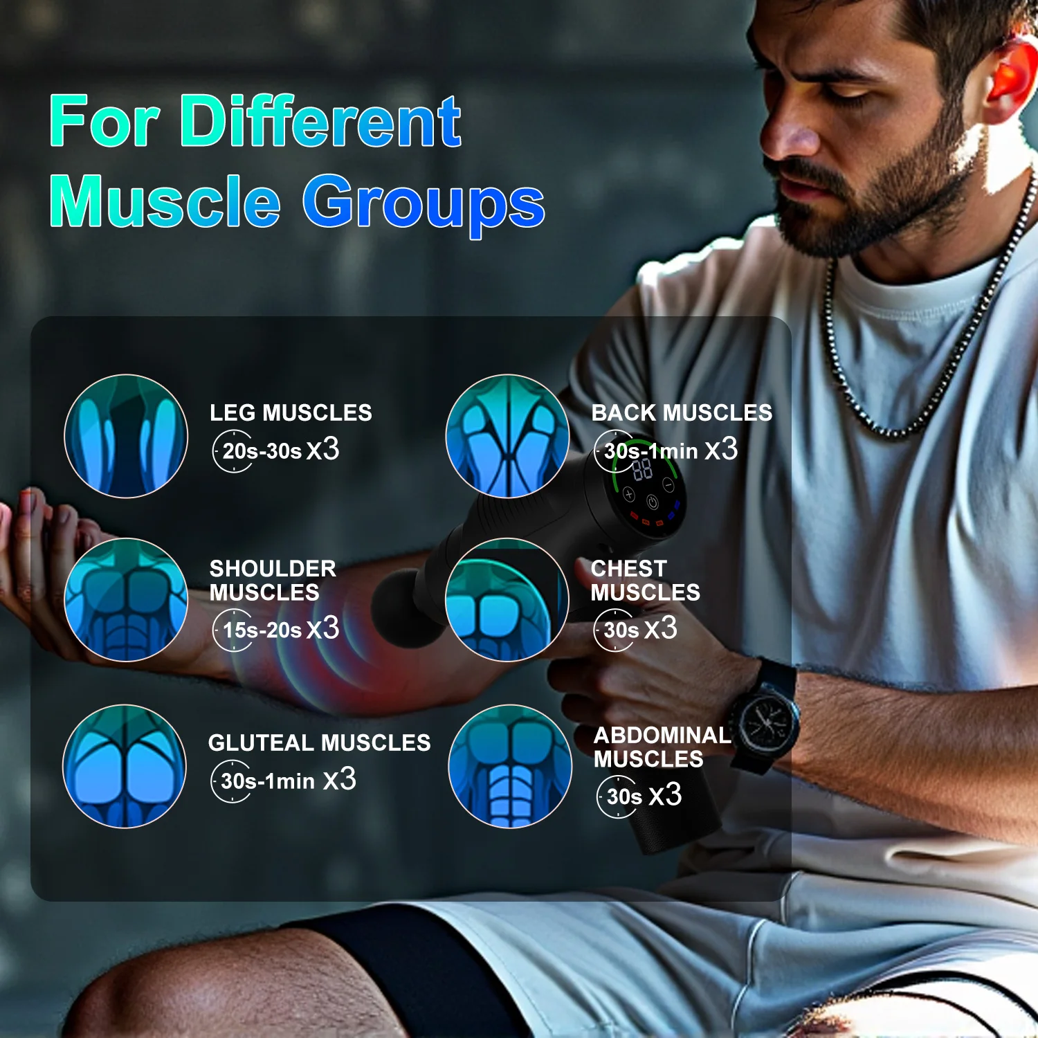 LEERCON Handheld electric muscle massage gun with 6 speed settings and 4 massage heads for deep tissue and fascia relief. - view 6