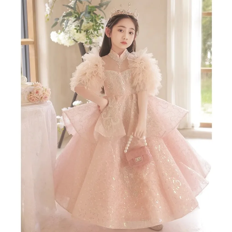 2024 Luxury Gala Dress for Teens Girl Infants Sequins Tutu Sleeve Maxi Dresses for Party Kids Catwalk Costume Children Ball Gown