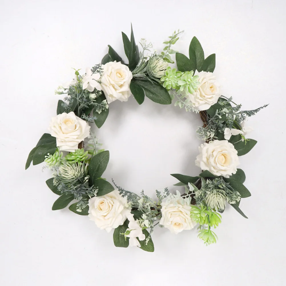 

1pc Artificial Flower Wreath Simulation Door Decor White Rose Garland For Party Wedding Festival 120Cm Outdoor Hanging Wreath