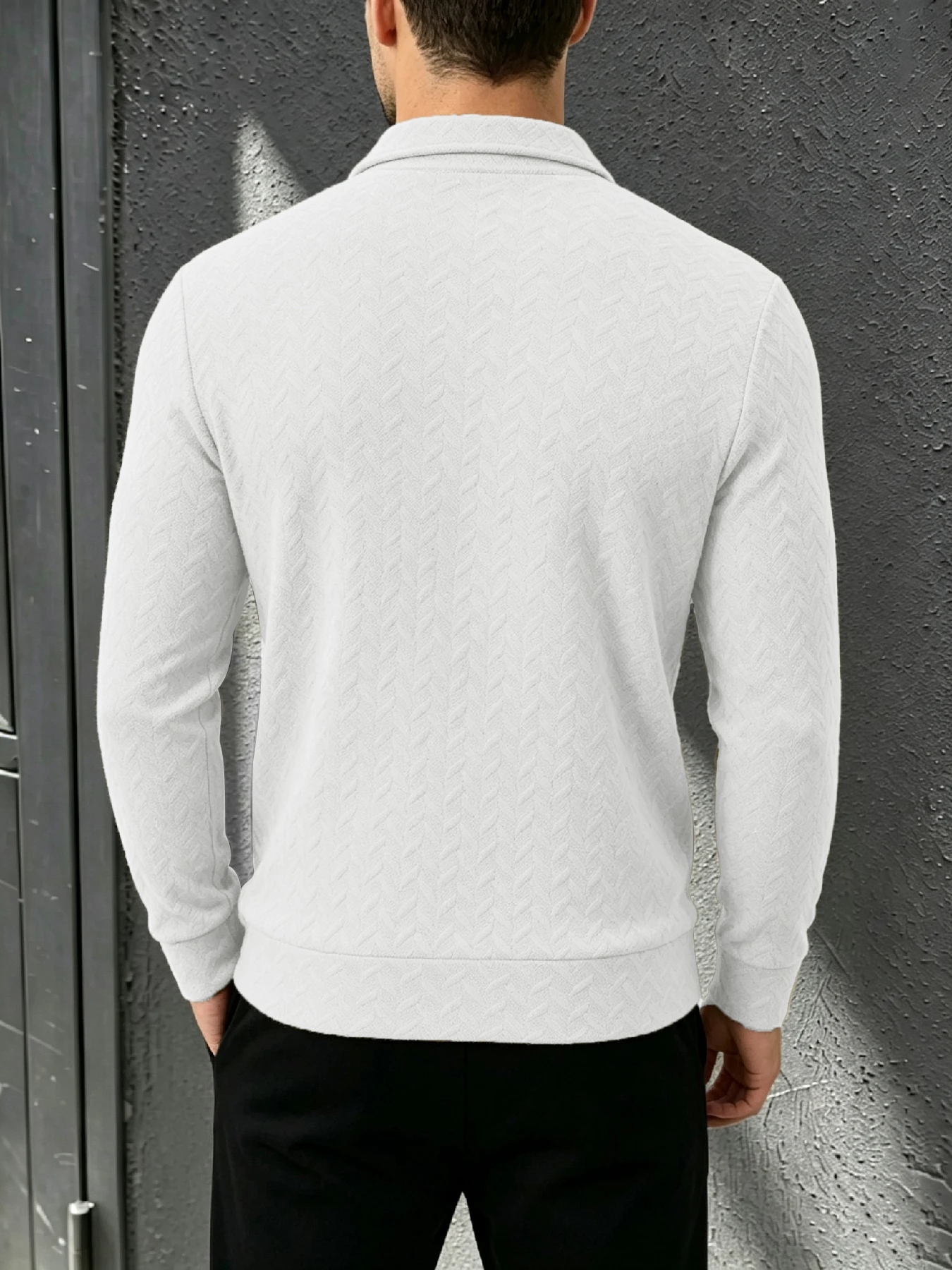 Men's Subtle Herringbone Jacquard Quarter Zip Collar Top, Minimalist Cleanfit Style, Hidden Cable Pattern Side Pockets Ribbed He