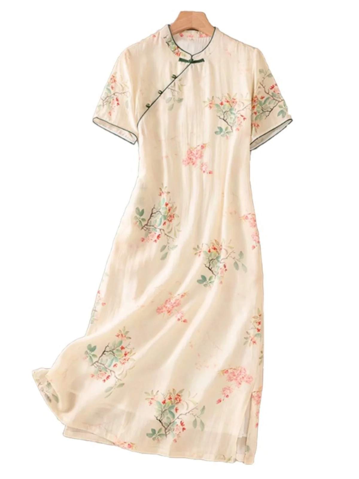 Ele الصيف الحرير القطن الدكتور المرأة الرجعية طوق زر مزين فضفاض الخصر ألف خط ميدي تنورة الصينية Sle