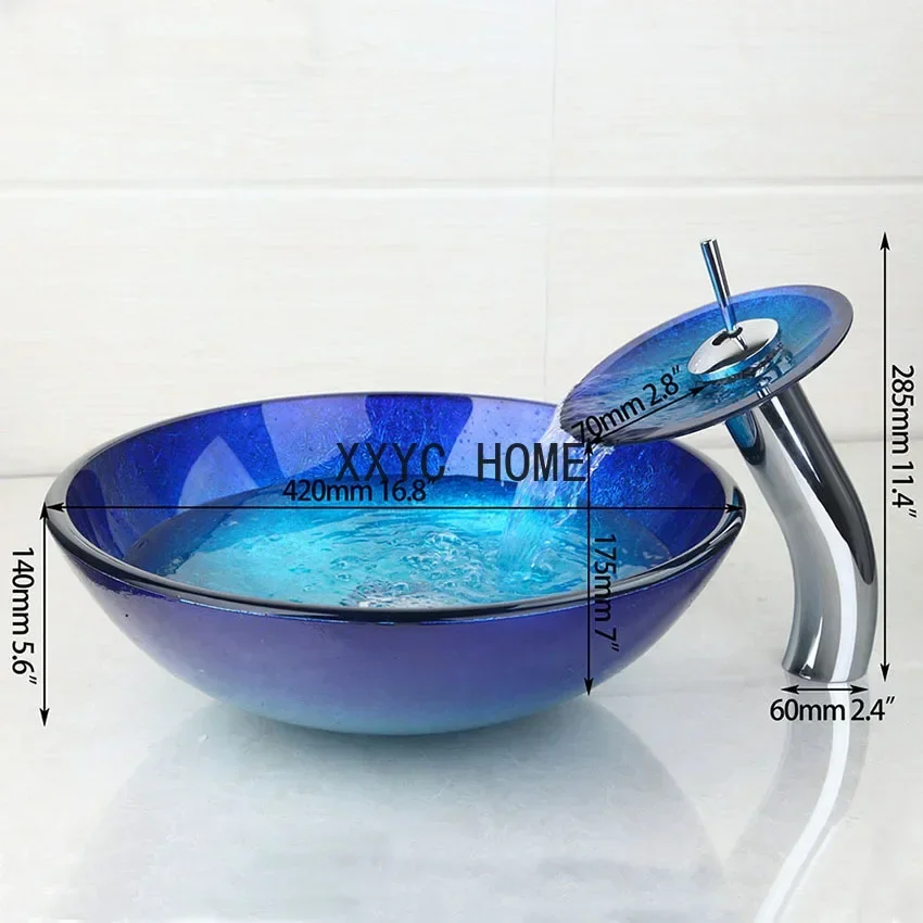 lavabo alto cromado azul + lavabo de baño, vidrio templado, cascada pintada a mano, conjunto de latón, grifo-8