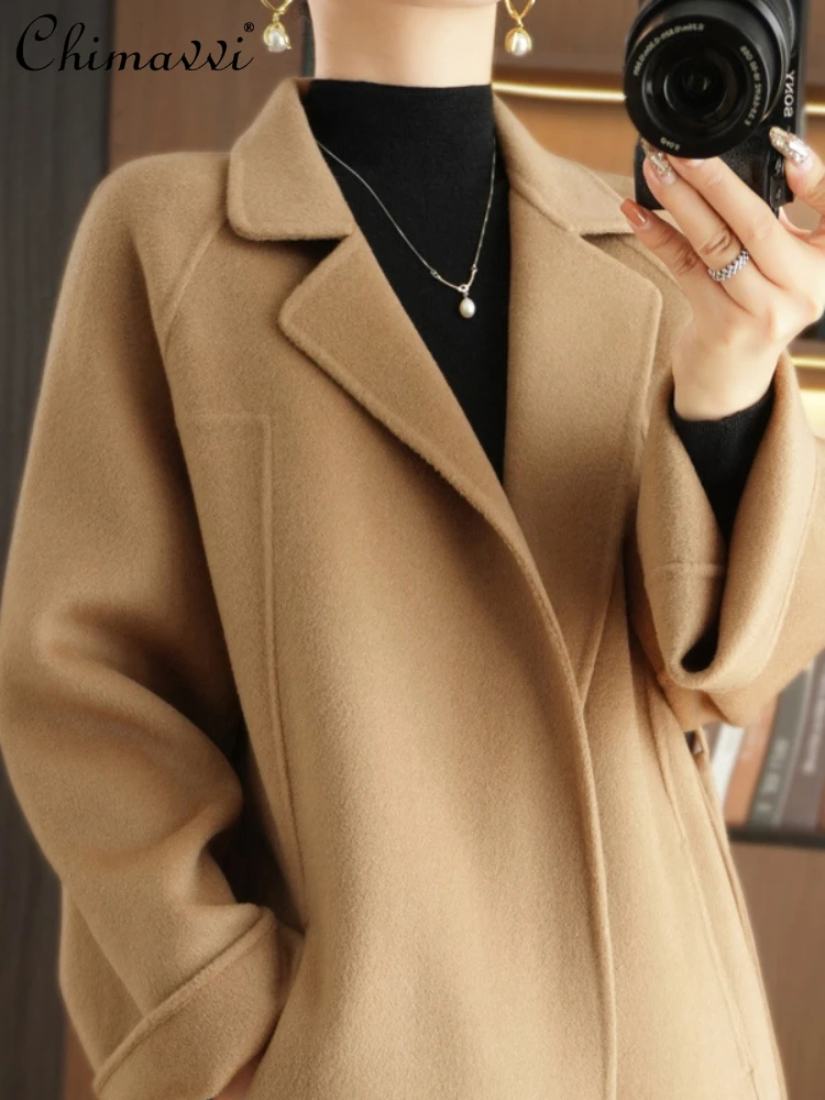 

Fashion Solid Color Long Sleeve Suit Collar Women's Wool Overcoat 2023 Autumn Winter Long Double-Sided Woolen Belt Loose Coat