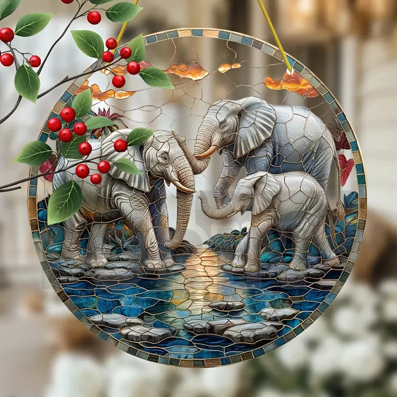Animal World Elephants,lions,leopards Suncatcher,round Acrylic Translucent Window Hanging Sign,Home&room,Yard Farmhouse Decor