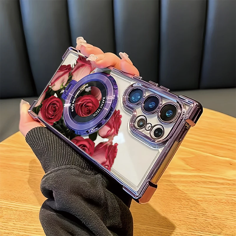 Bracket Phone Case For Samsung Galaxy A27 A57 A35 A17 A36 A25 A37 A56 A26 A16 A55 A15 4G 5G Rose Flower Print Plating TPU Cover