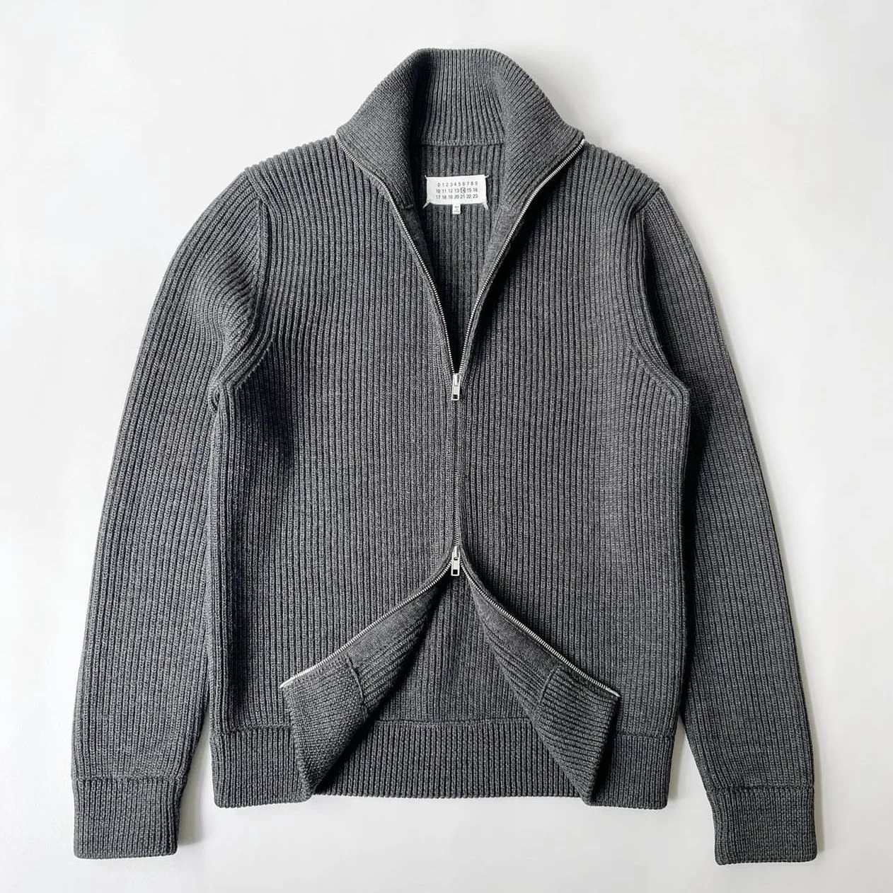Hand Sewn Four Cornered Gray High Neck Stand Up Collar Wool Double Zipper Knitted Cardigan Sweater Jacket for Men