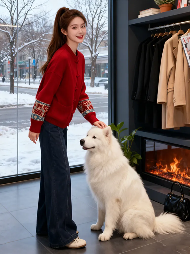 Autumn Winter Women's Fashion Set New Chinese Style National Trend Button up Top Wide Leg Pants Two Piece Suit Casual Wear