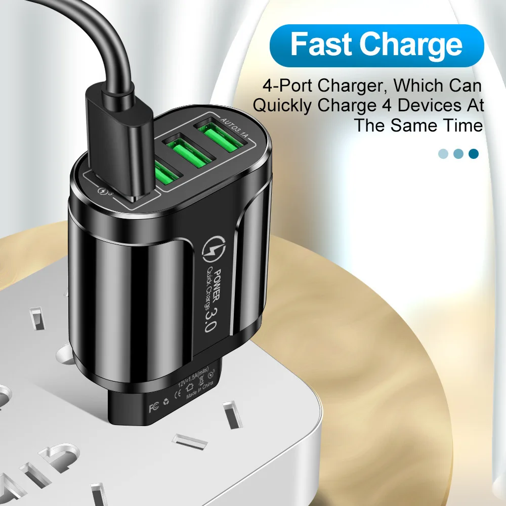 48W USB C Travel Charger 4 Ports Fast Charger QC 3.0 Wall Charging For iPhone 17 16 Samsung Xiaomi Mobile Plug Charging Adapter