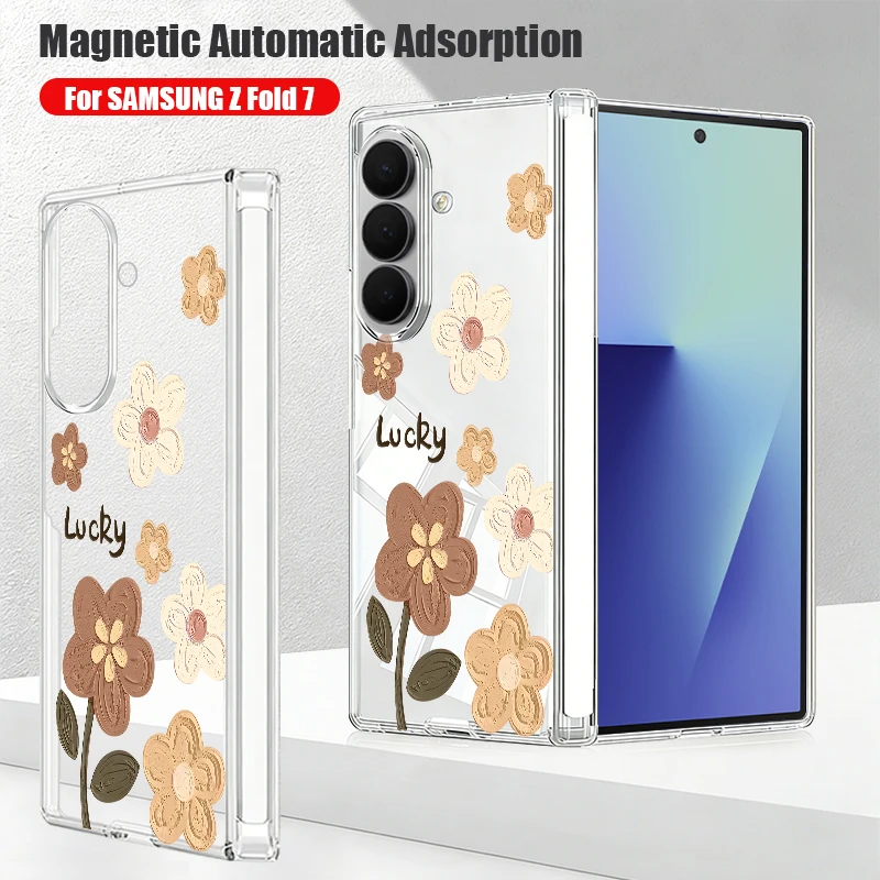 INS Floral Case For Samsung Z Fold 7 6 5 Capa Galaxy Z Fold7 Fold6 Fold5 Magnetic Hinge Hybrid Clear Hard PC Folding Phone Cover