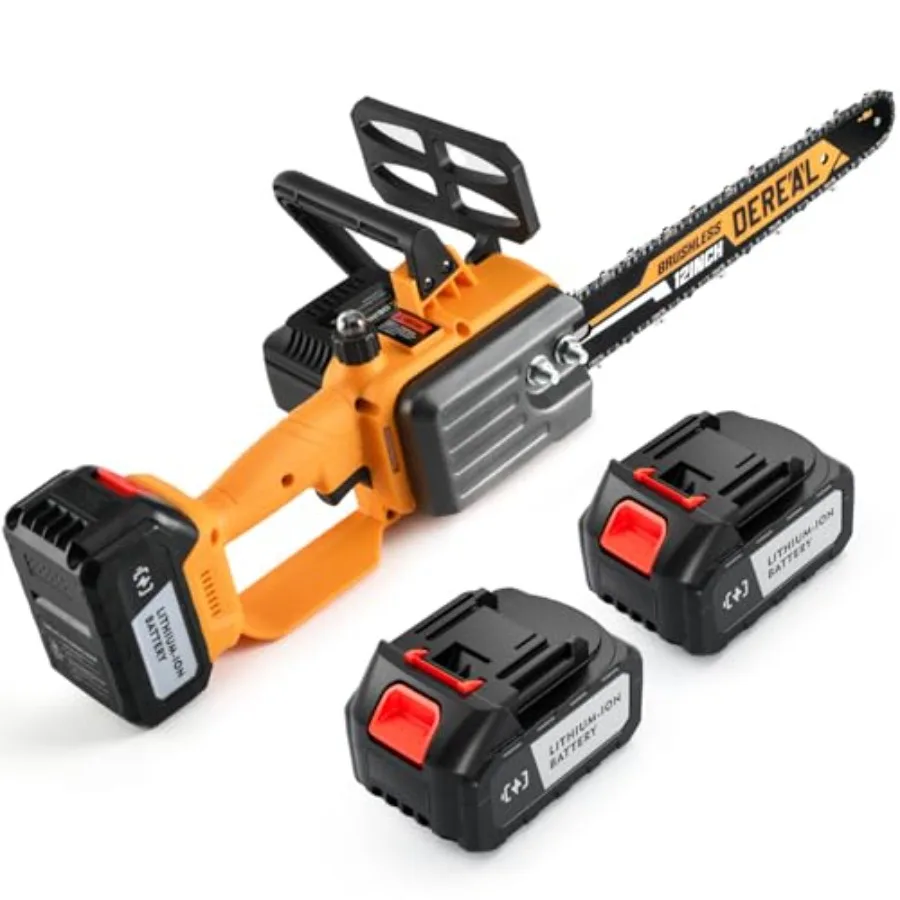 

Cordless electric brushless chainsaw for tree trimming and branch cutting 12-inch bar black-gray 20V with dual 4.0Ah batteries