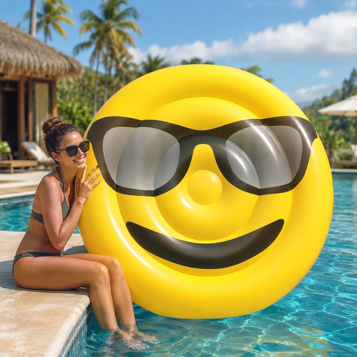 1pc Giant Emoji Inflatable Pool Float Heart Eyes Sunglasses Laugh Tears Swim Ring Oversized Pool Raft Mattress Summer Water Toy