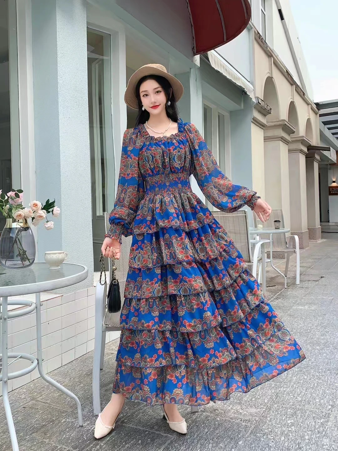 2023 New Spring Autumn Women Long Sleeve Slim Long Dress High Quality Retro Print Sweet Multi-layer Cake Big Hem Elegant Dress