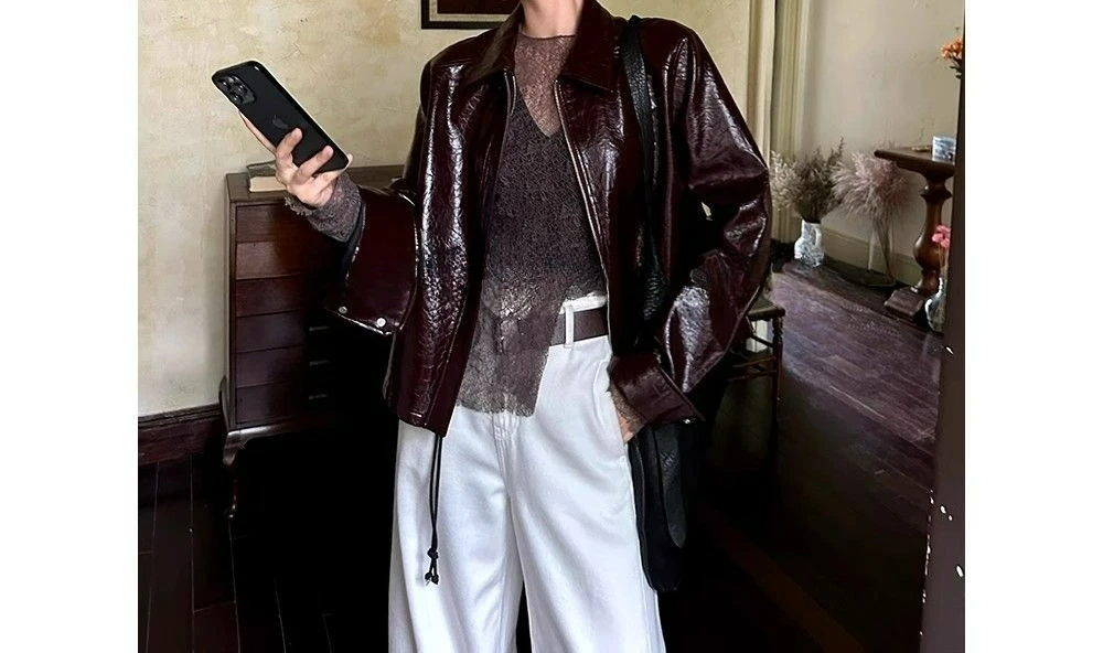 2025 Early Autumn New Versatile Red Coffee Short Lapel Short Jacket