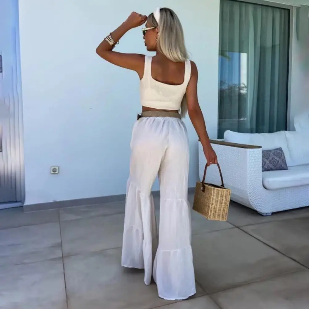 

Loose Fit Long Trousers Wide-leg Trousers Stylish Women's Flared Pants High Waist Ruffle Stitching Wide Leg for Streetwear