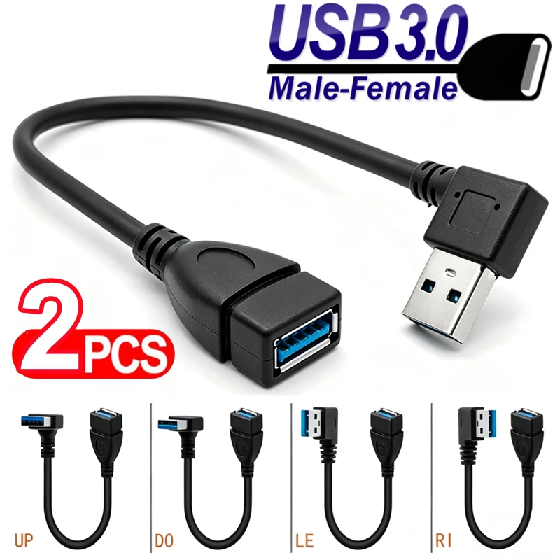 Cable de extensión USB3.0 macho a hembra, cable de extensión portátil con curva de 90 grados, compatible con cable de transferencia de datos para ordenador portátil y PC, 1/2 unidades