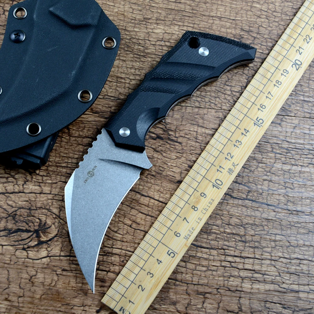 

Охотничий нож Twosun с клинком Claw Blade D2 Stonewashed, рукоять из черной микарты, для кемпинга на природе, с ножнами Kydex, модель TS618