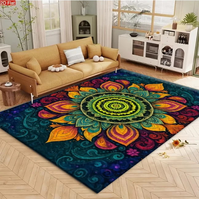 Boho Colorful Mandala Floral Area Rug Vibrant Psychedelic Non‑Slip Carpet Floor Mat for Living Room Bedroom Home Decor