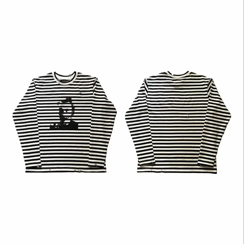 2025 Camiseta estampada preta escura estilo novo, pulôver de manga comprida com gola redonda, blusa de streetwear y2k masculina e feminina