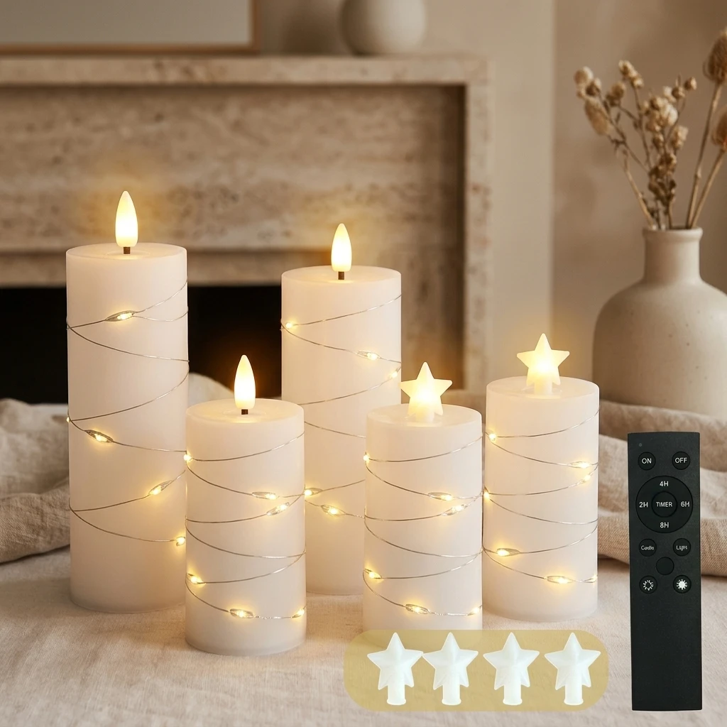 4er-Pack Romantische LED-Kerzenlichter mit Warmlicht-Lichterkette und Sternenkappen für Esstisch, Wohnzimmer, Dinner-Party-Dekoration