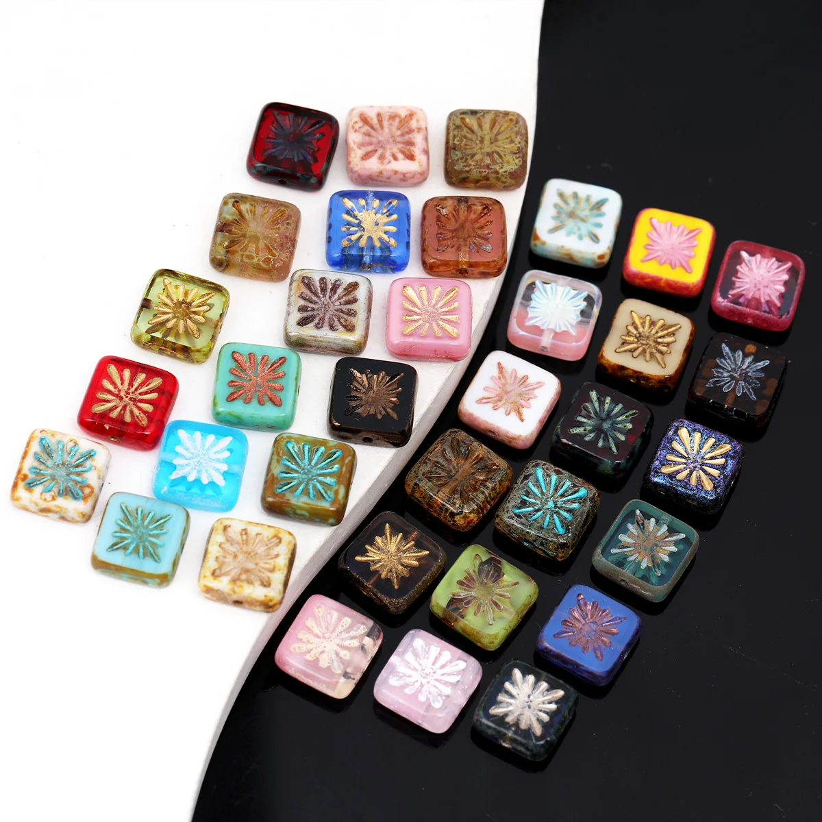 4pcs/8pcs Random Color Gold Painted Square Flower Glass Beads, 11mm DIY Beads for Jewelry Making Necklace Bracelet