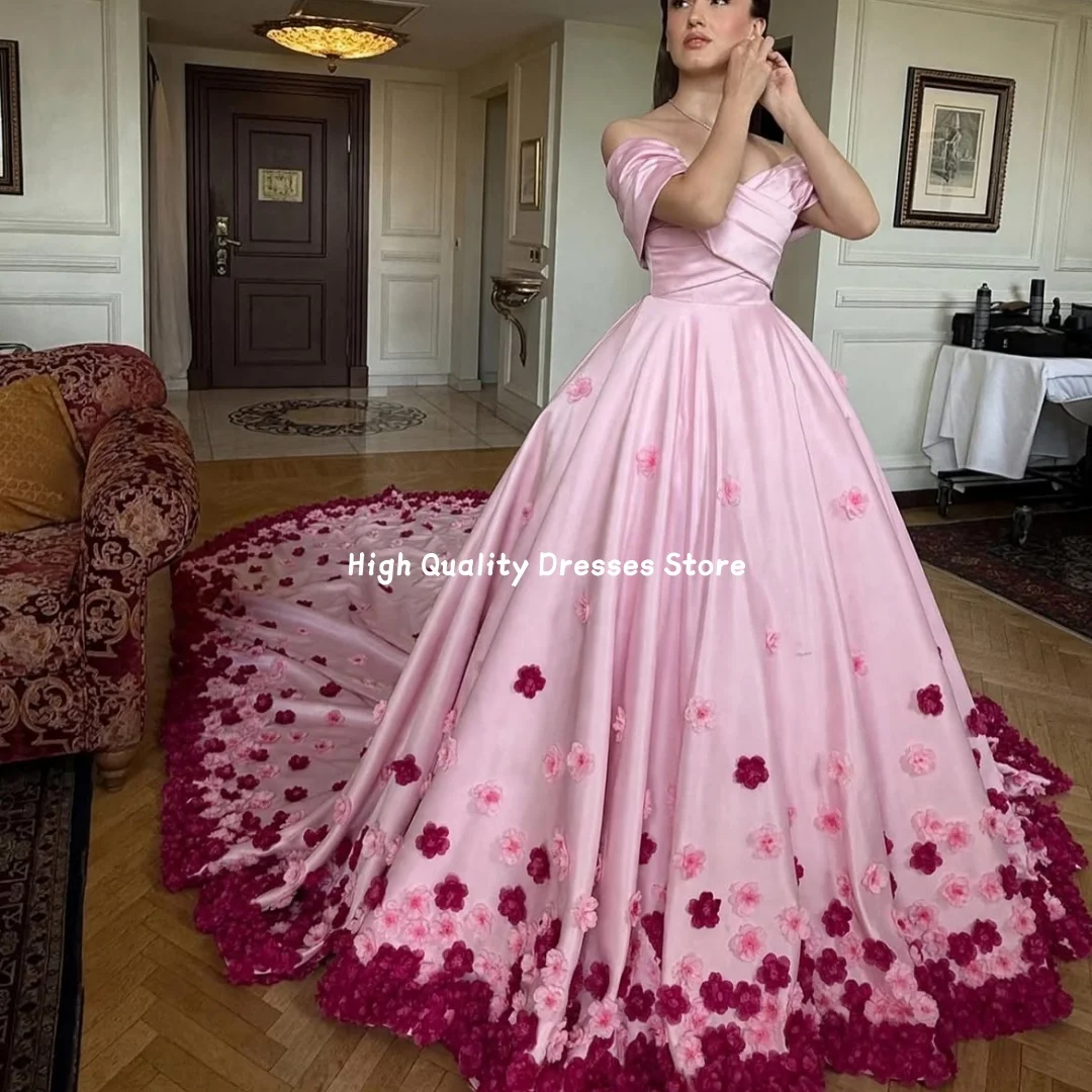 Prom Dresses Off‑Shoulder Satin Ball Gown 3D Floral Appliques Chapel Train A‑Line Long Dress Wedding Guest Gala Customized