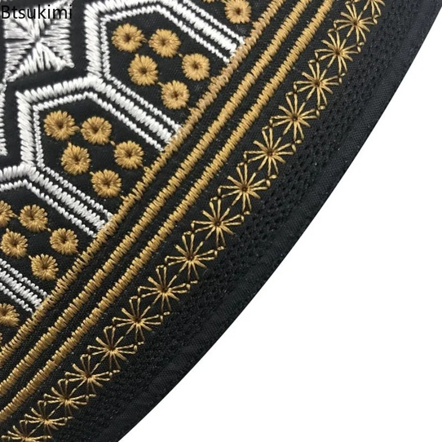التطريز النقش عمامة القبعات الرجال تنفس الإسلامية الكوفي الصلاة قبعة عيد رمضان الحجاب بيني قبعات موضة مسلم الجمجمة القبعات #6