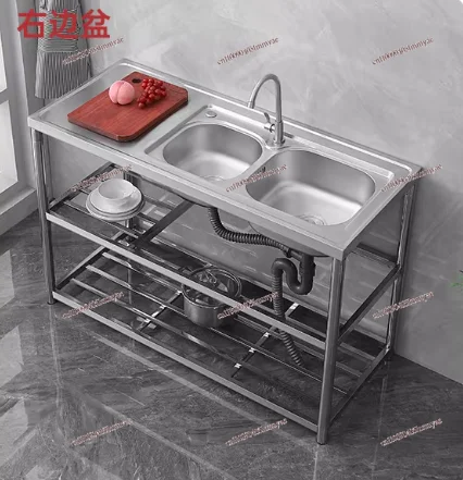 Kitchen Stainless Steel Sink Countertop Integrated Single Sink Dishwashing Basin with Bracket Workbench Vegetable Double