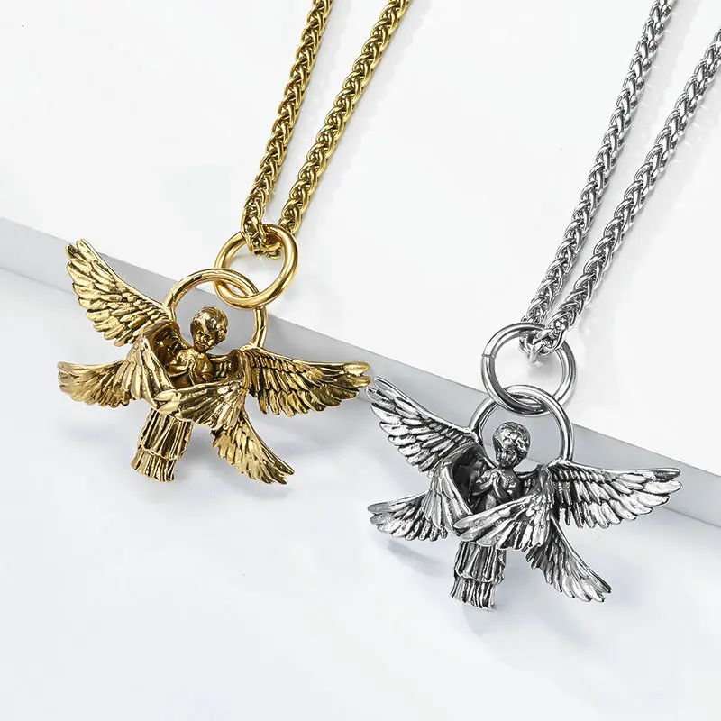 Colgante Retro de Ángel de Seis Alas en Acero Inoxidable, Joyería Artística de Oración, Ángel Guardián Protector
