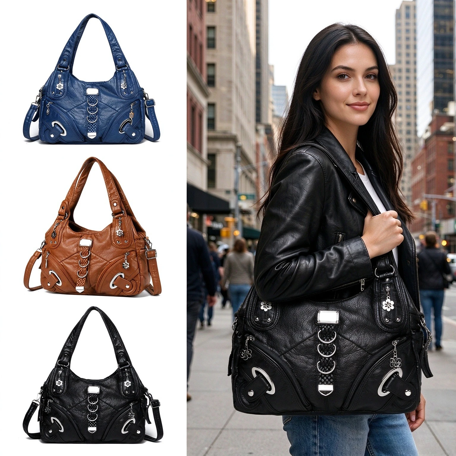 Vintage Soft PU Leather Women Shoulder Bag  Metal Ring Decor Large Capacity Hobo Handbag Removable Crossbody Strap For Daily