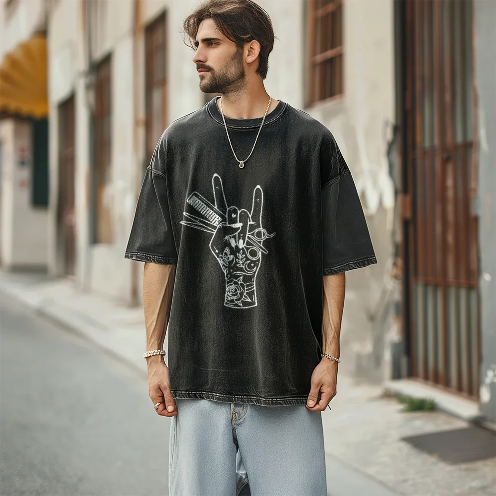 Hairdressing Men's washed t-shirt Vintage Oversized Hip Hop Color Contrast Round Neck Chic Tops Harajuku Pullover Clothes Unisex