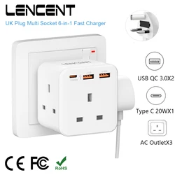 LENCENT UK Plug Power Strip  with 3 AC Outlets +2 USB QC 3.0 +1 Type C PD 20W Fast Charger Multi Socket Power Adapter for Home