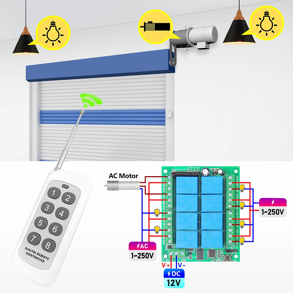 Universal Wireless Remote Control Switch RF 433MHz 8 CH DC 12V 10A Relay Receiver,500m Transmitter for Garage Door Motor Lamp