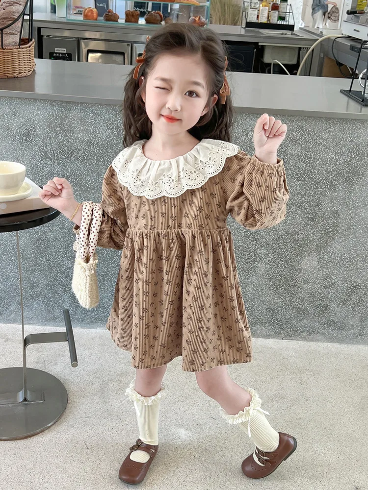 Brown Beige Floral Corduroy Dress For Girls Fall Spring Clothes Baby Little Girl Dresses Long Sleeve Lapel Lace Collar Dress