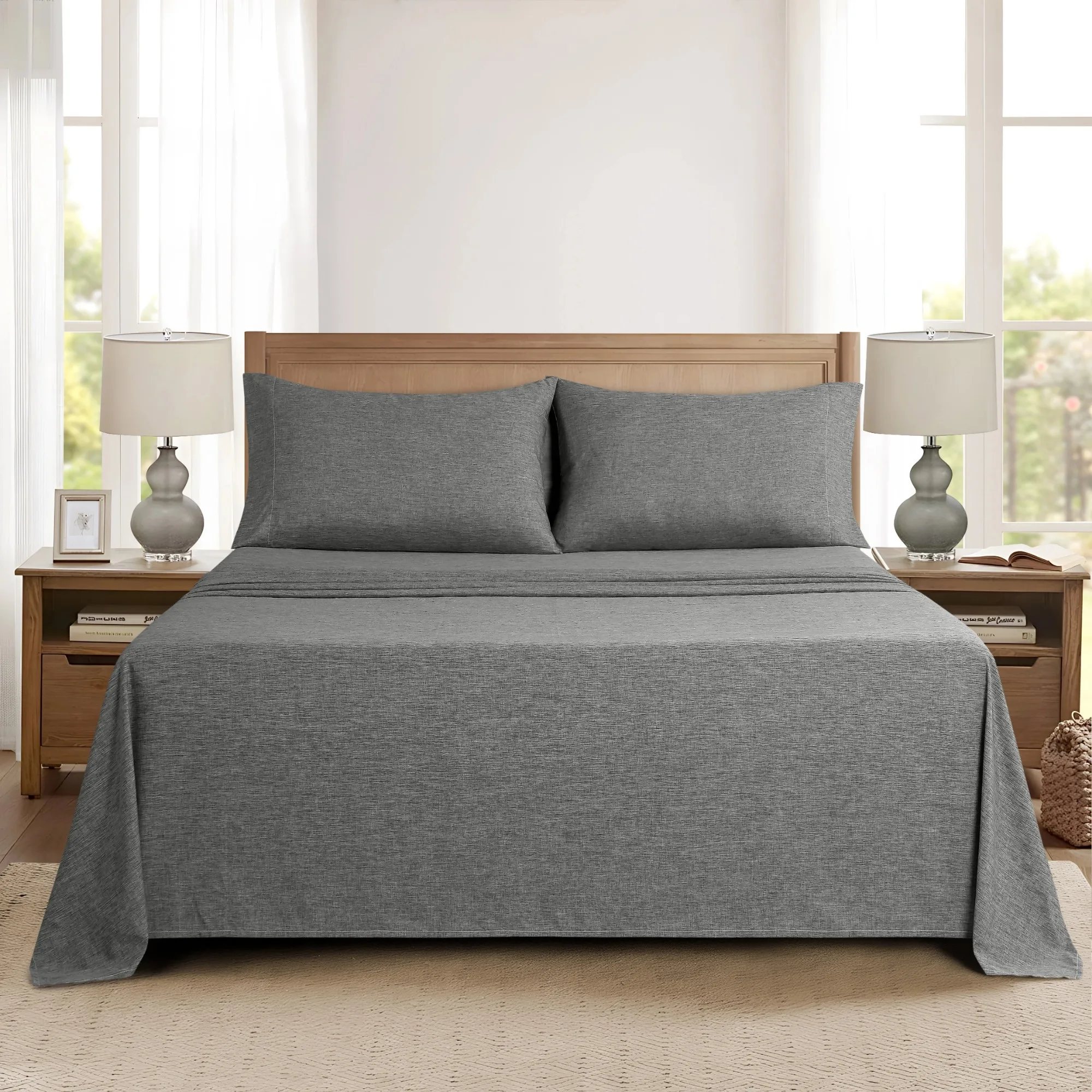 Textured Microfiber Bed Sheet Set, Queen, Charcoal Grey, 4 Piece