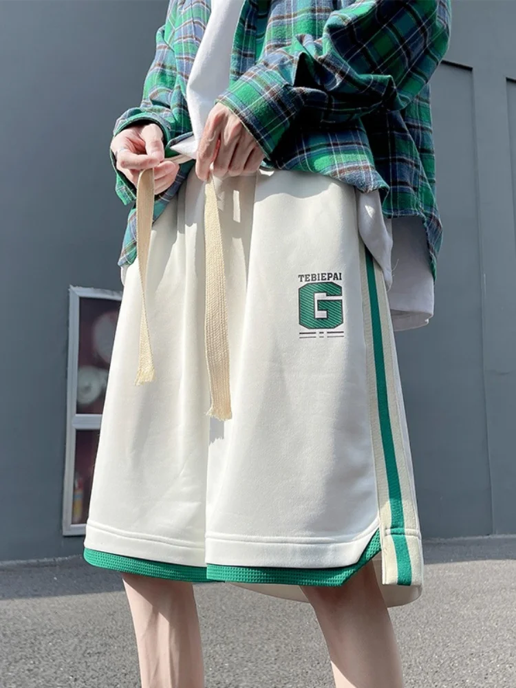 

Модные повседневные свободные баскетбольные шорты из ледяного шелка для мужчин, летние дышащие молодежные прямые брюки с цветными вставками для активного отдыха