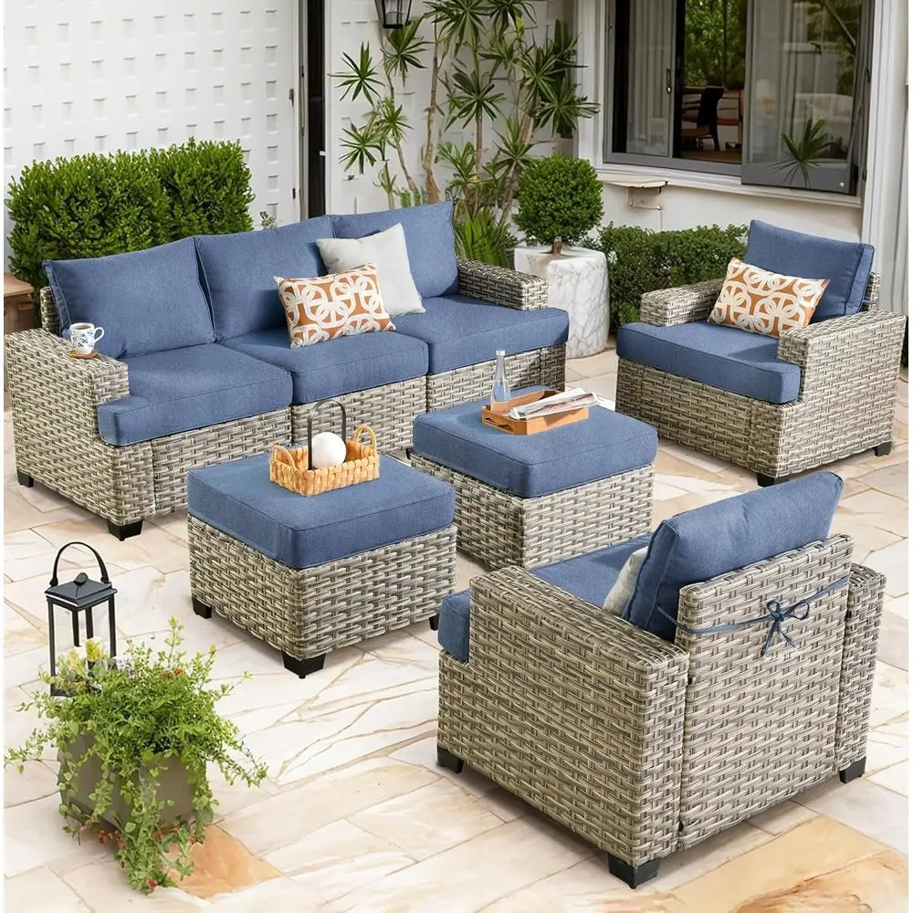 

7-Piece Outdoor Sectional Patio Furniture Set with Rattan Wicker, Ottomans, and Light Blue Cushions