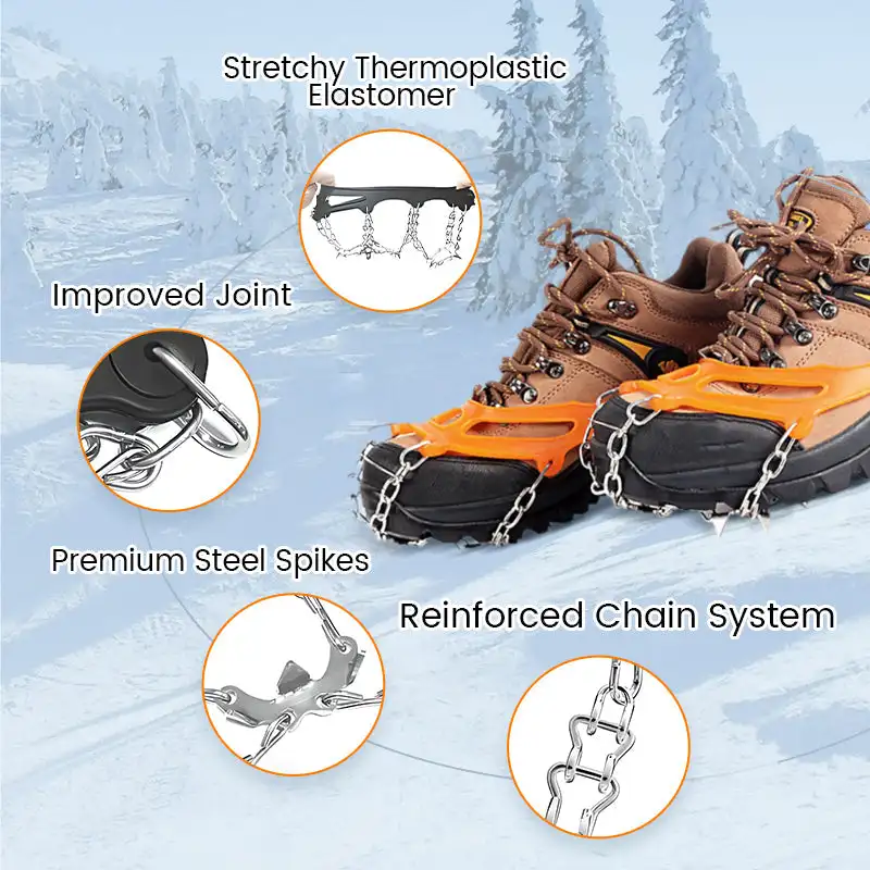 Ramponi antiscivolo per scarpe da esterno Stivali Spikes Ramponi Tacchetti da ghiaccio Trazione per scarponi da trekking Scarpe Donna Uomo Bambini Impugnature da neve