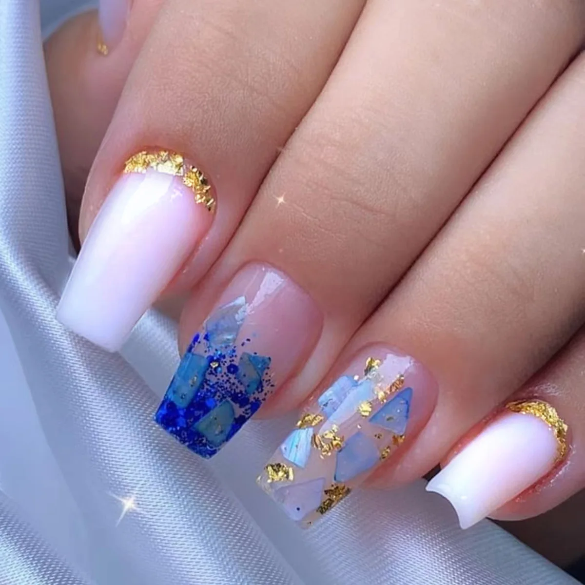 

24pcs Gilded French Press-On Nails - Buttercream Tips & Blue Glitter Splatter Long Square Shape (Multi Sizes)