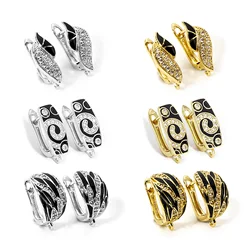 1/2 Pair Brass Micro Pave Hoop Earrings With Loop Black Enamel Clear Cubic Zirconia Earwires Fasteners Accessories For Earring