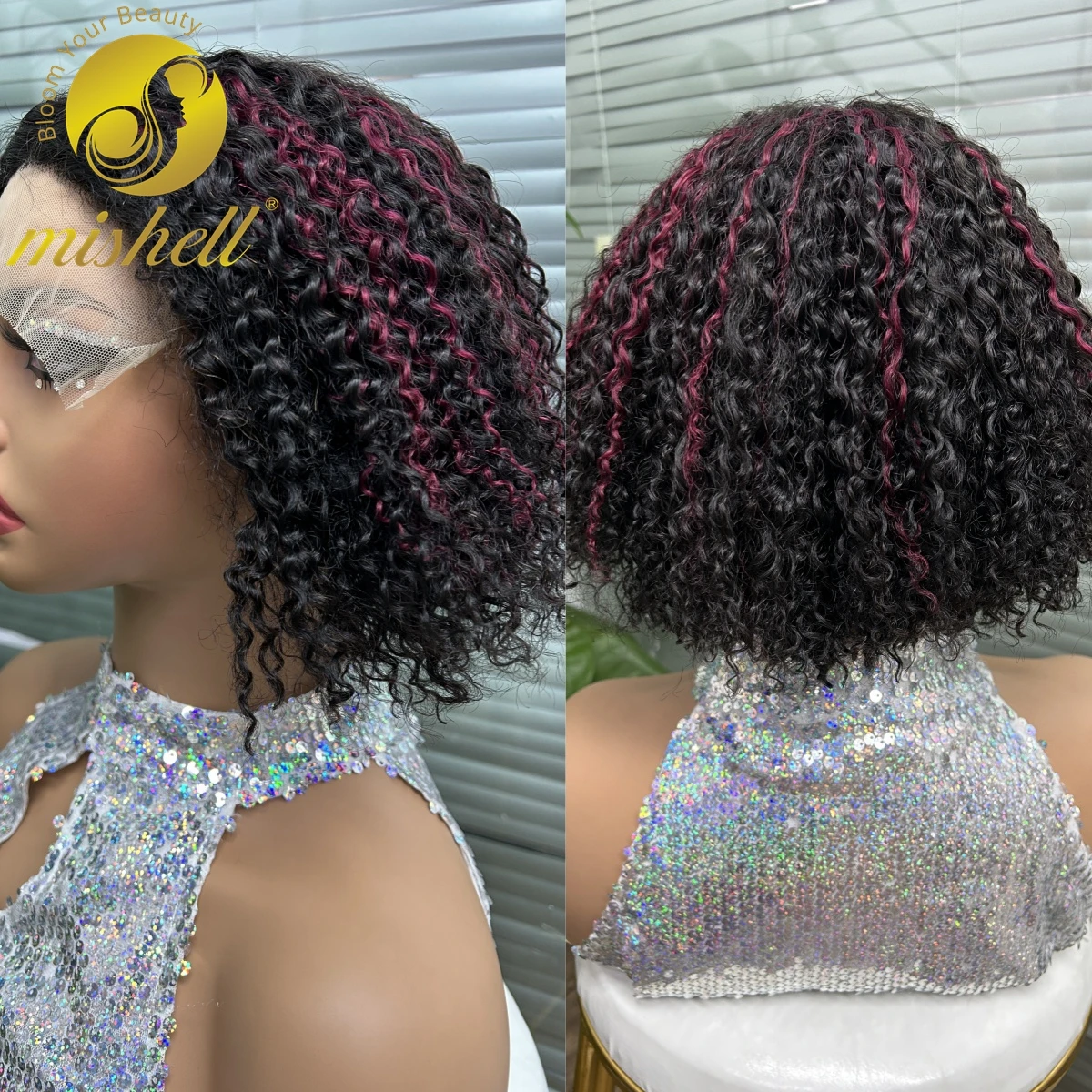 

250% Density Burgundy Kinky Curly Bob Wigs 5x1 Transparent T Part Deep Wave Human Hair Wig Short Curly Wig PrePlucked for Women