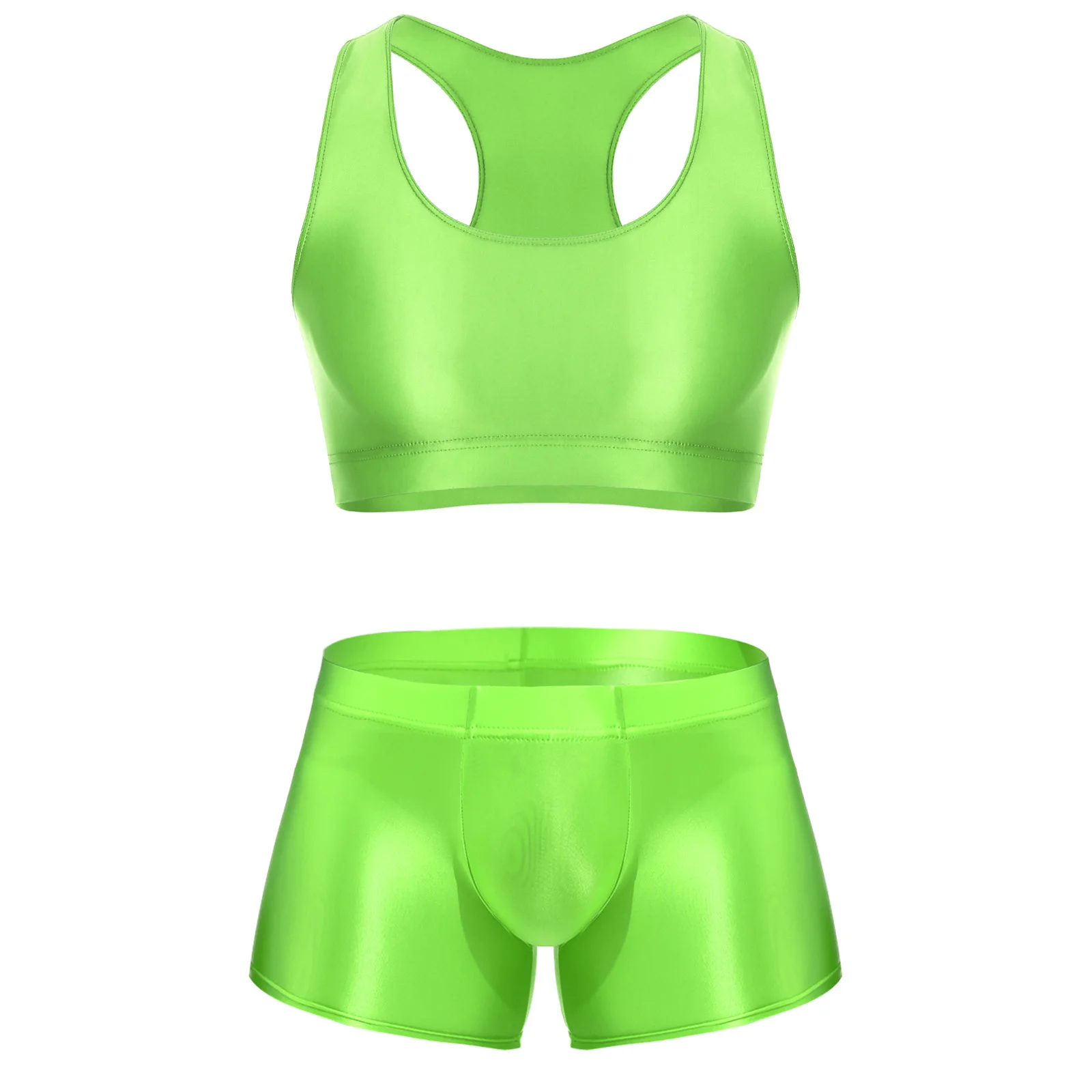 Men Glossy Stretchy Fitness Outfit U Sleeveless Crop Top Vest And Low Rise Boxer Nightwear Underwear Bathing Suit Workout Wear - view 3